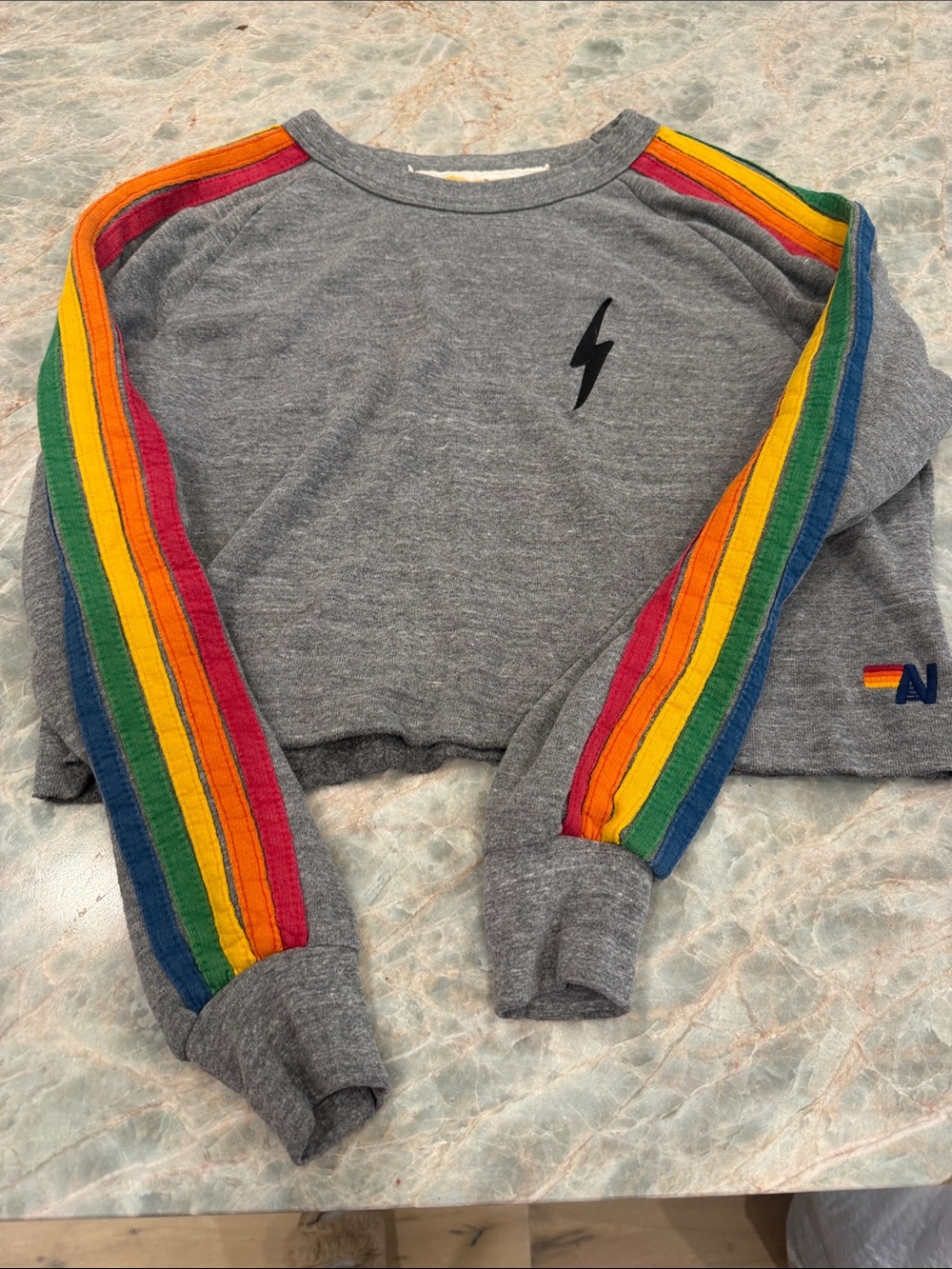 Aviator Nation Gray Cropped Sweatshirt with Rainbow Stripes
